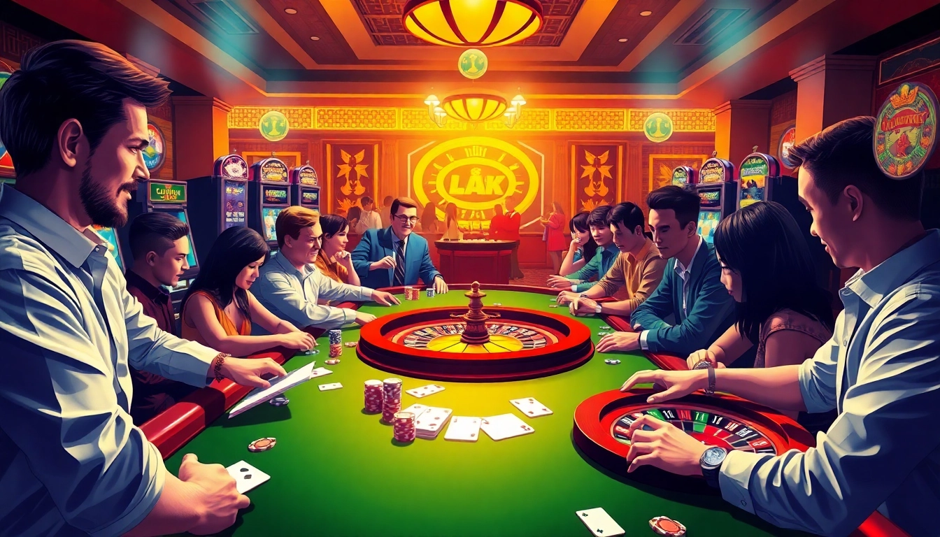 Enjoy the excitement of game bài đổi thưởng at a bustling casino table with players engaged in thrilling bets.