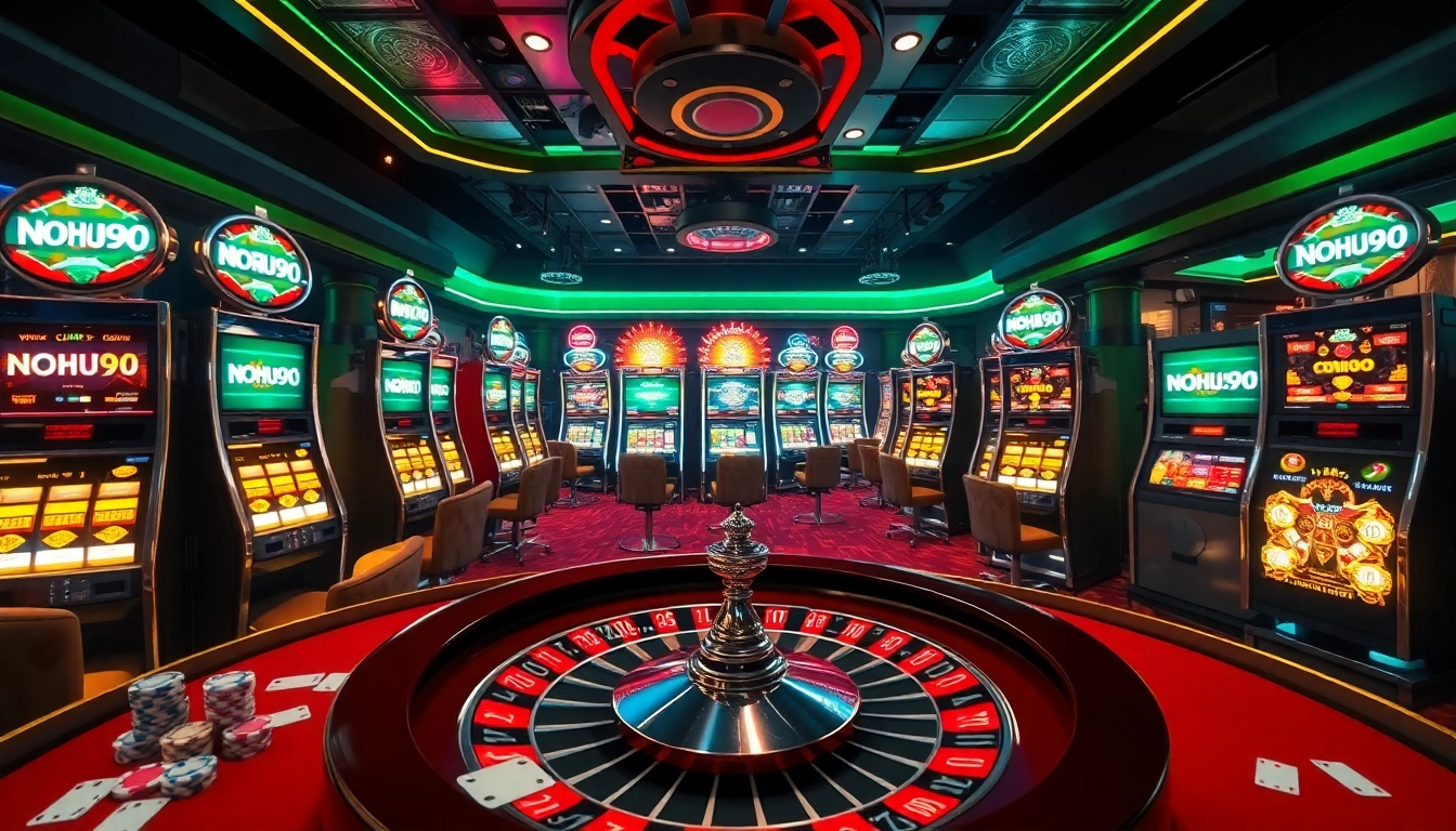 Experience NOHU90 excitement at a luxurious casino with slot machines, roulette wheels, and vibrant poker chips and cards.