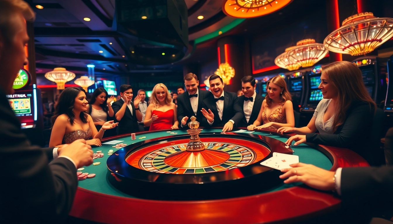 Casino online spania: Players celebrating a win at a roulette table in a luxurious setting with vibrant colors.