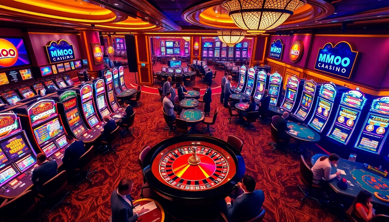 Experience the thrill of MMOO CASINO with players engaged at poker tables, surrounded by vibrant slot machines.
