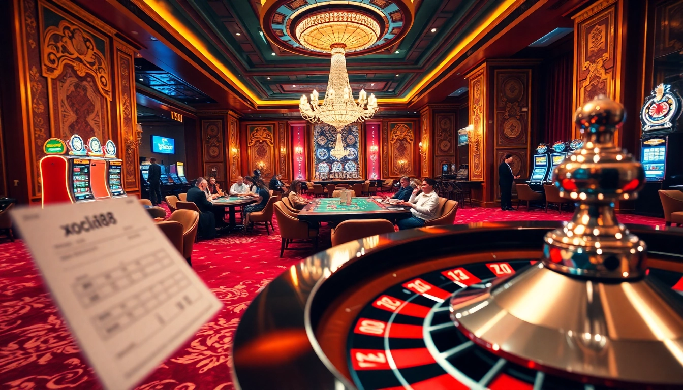 Experience the thrill of xocdia88 at a glamorous casino with poker enthusiasts and a spinning roulette.