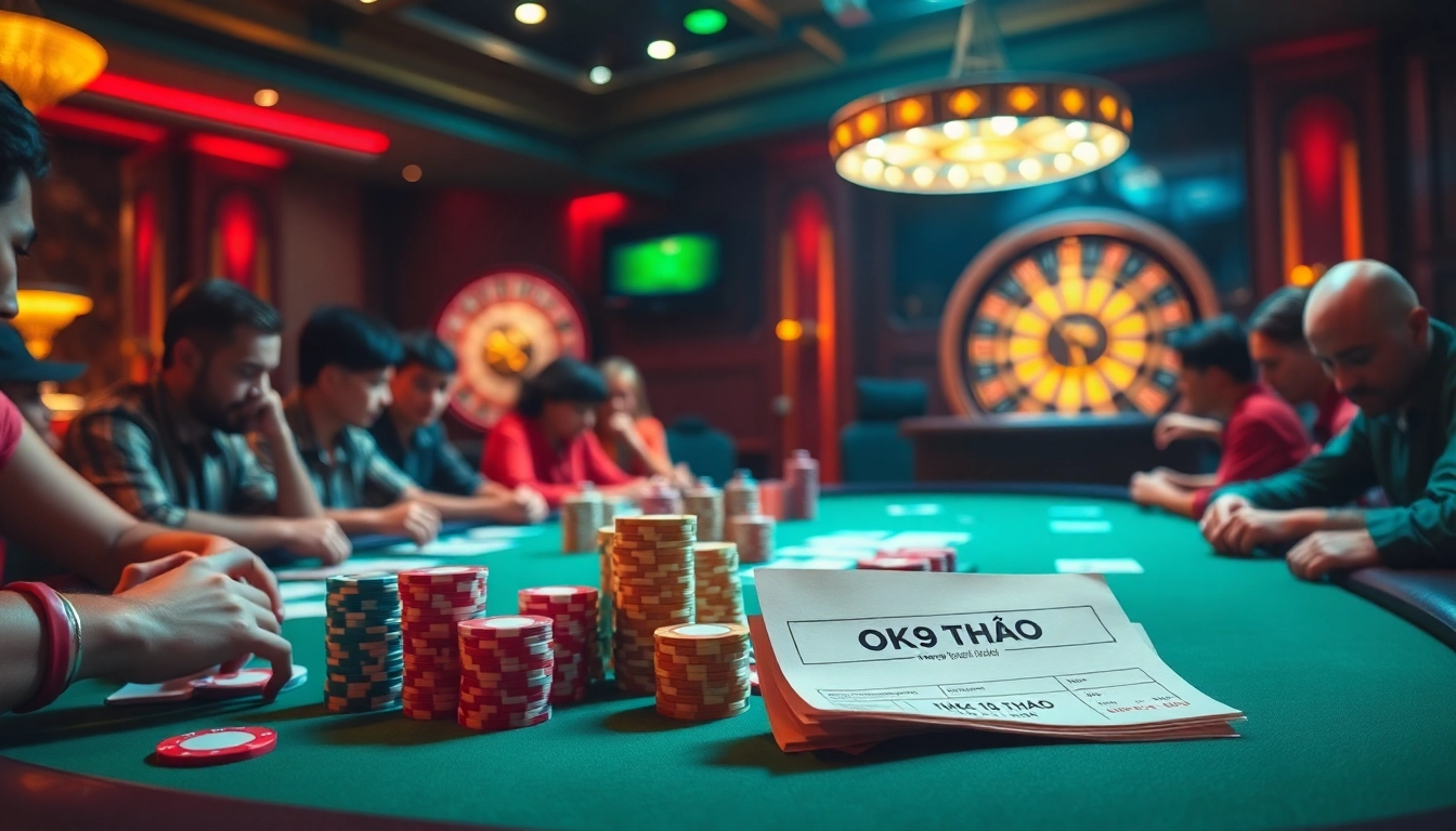OK9 THỂ THAO highlights a busy casino scene with poker players, chips, and a roulette wheel.