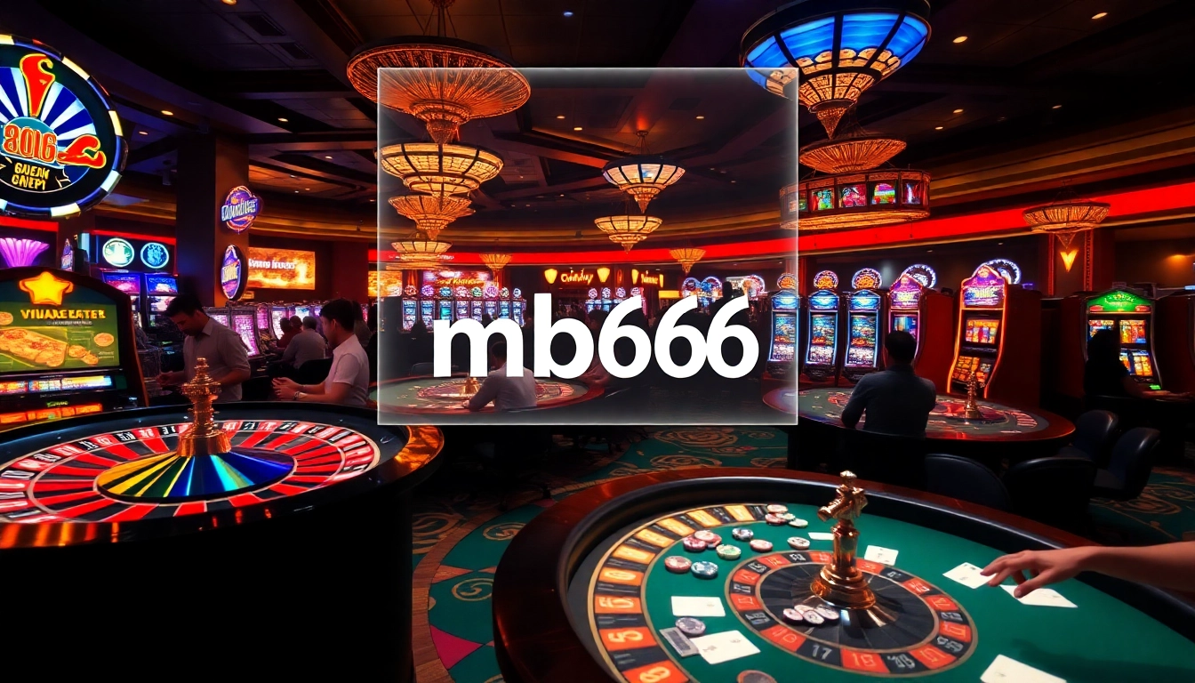 Players engage at a lively casino scene featuring "mb66 đăng nhập" on dynamic slot machines and poker tables.