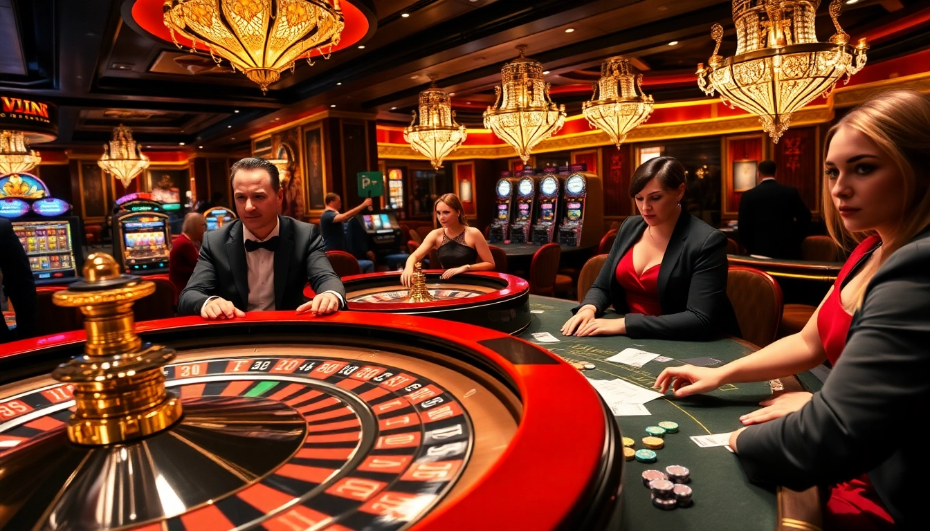 Experience the iwin club atmosphere with players engaging at roulette and blackjack tables, showcasing vibrant casino energy.