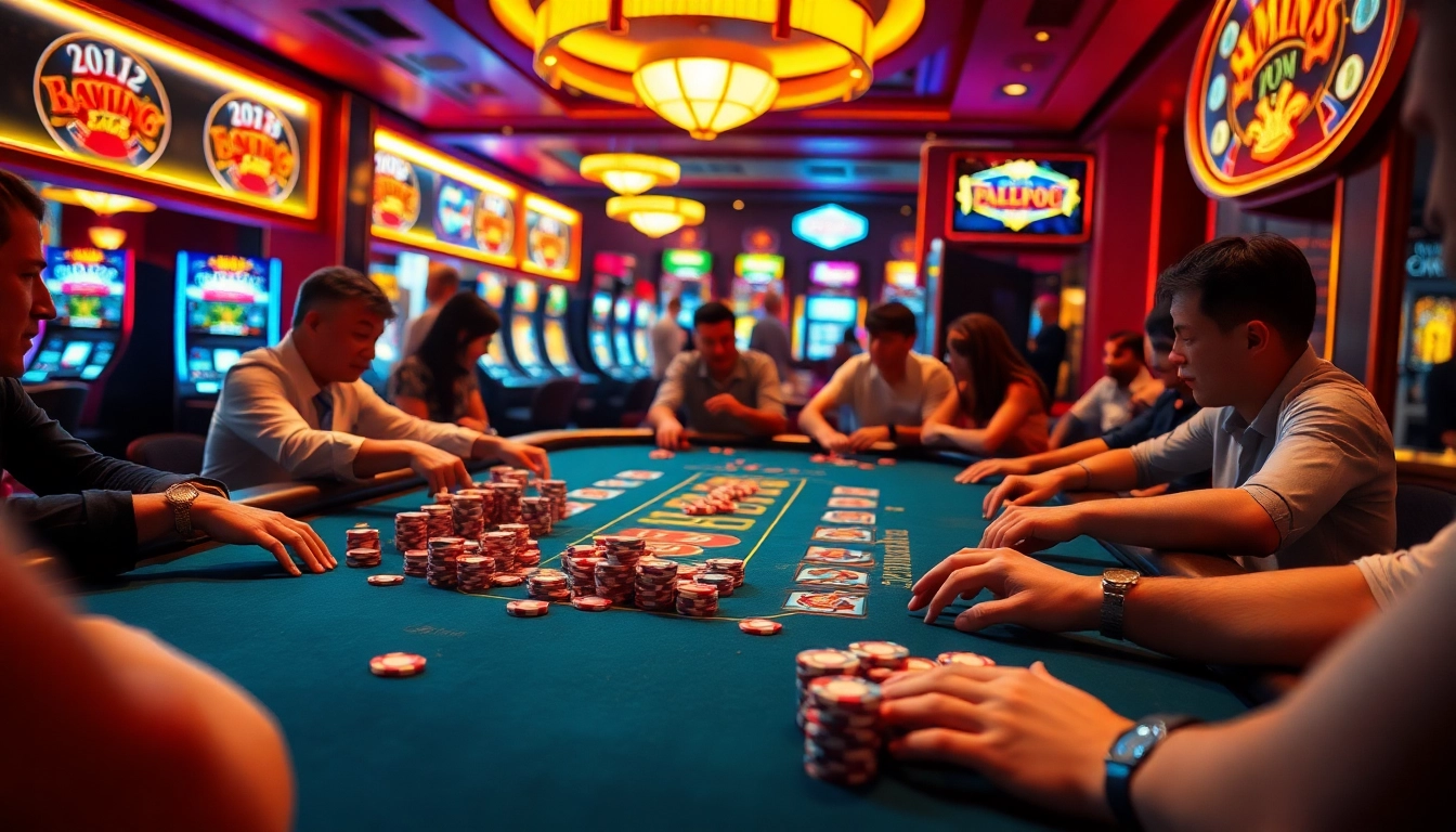 A dynamic game bài đổi thưởng scene showcasing players engaged in thrilling bets at a casino table.