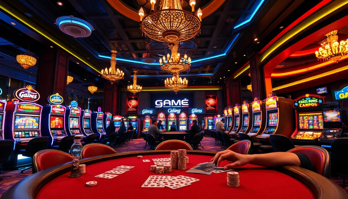 Experience the excitement of game đổi thưởng with players engaged at a high-stakes poker table in a luxurious casino.
